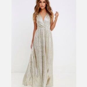 Lulu's All That Shimmers Silver Gold Maxi Dress